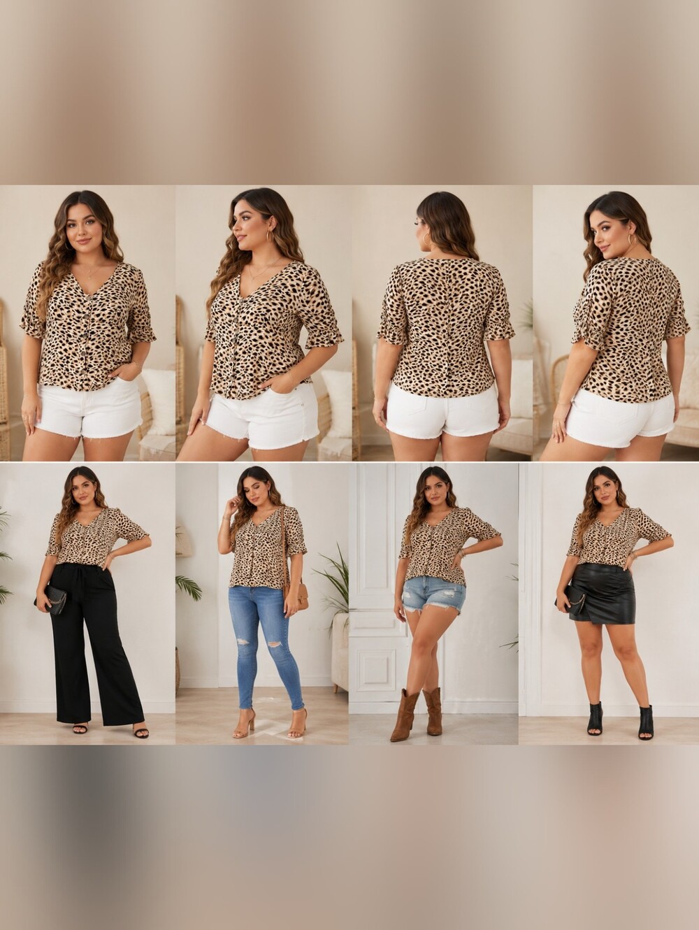 Plus Size Leopard Print V-Neck Tie-Front Blouse - Beige/Black